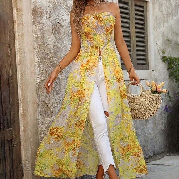 Tops - Yellow Boho Women's Floral Print Draped Front Split Hem Strapless Top